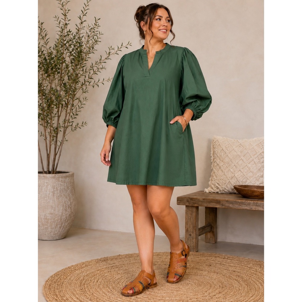 Pomander Place Green Cotton Puff Sleeve Split Neck Tunic Top XXXL Y24055T